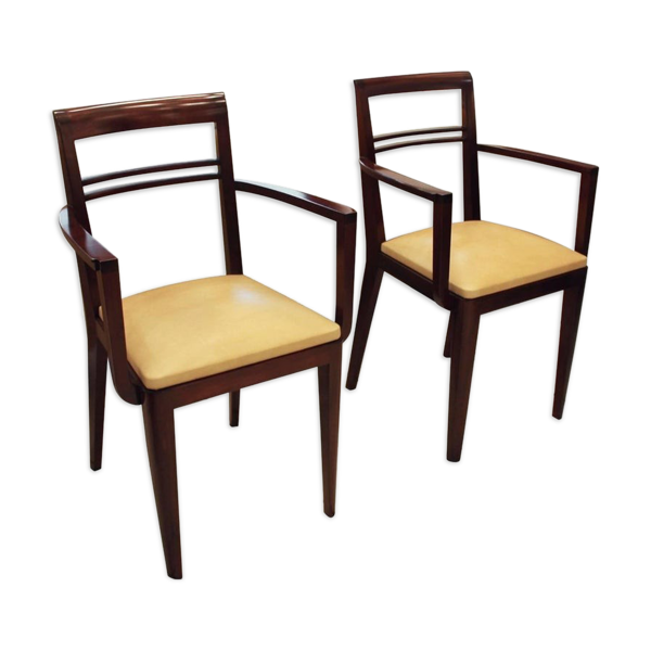 Paire de fauteuils bridge 1930 assise en cuir beige — Beyit