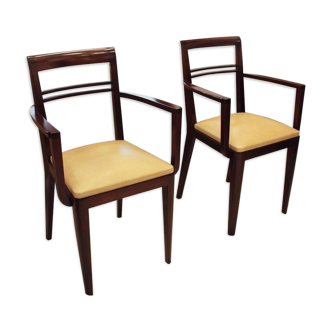 Pair of bridge 1930 chairs, beige leather seat