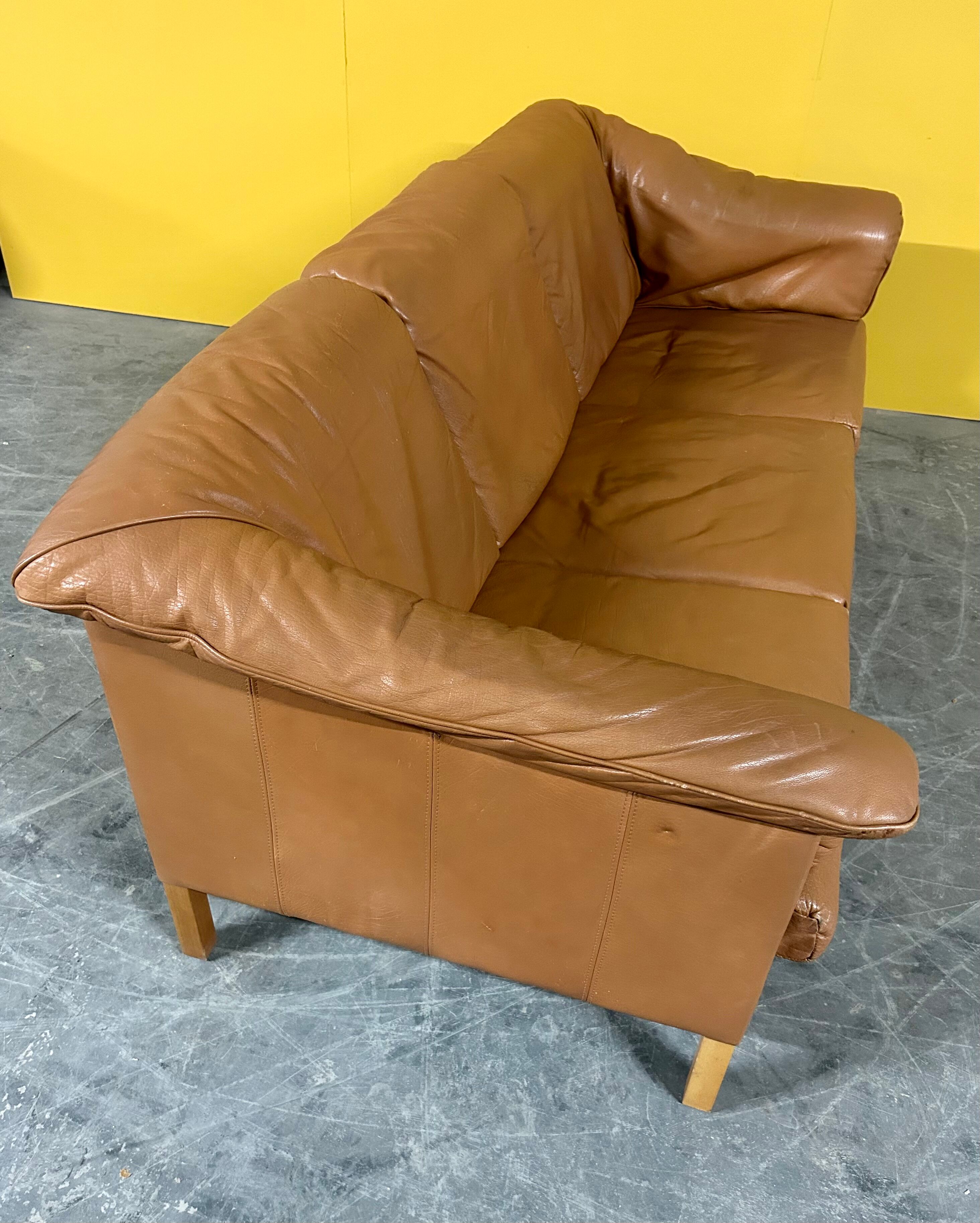Danish three seater tan leather Stouby sofa
