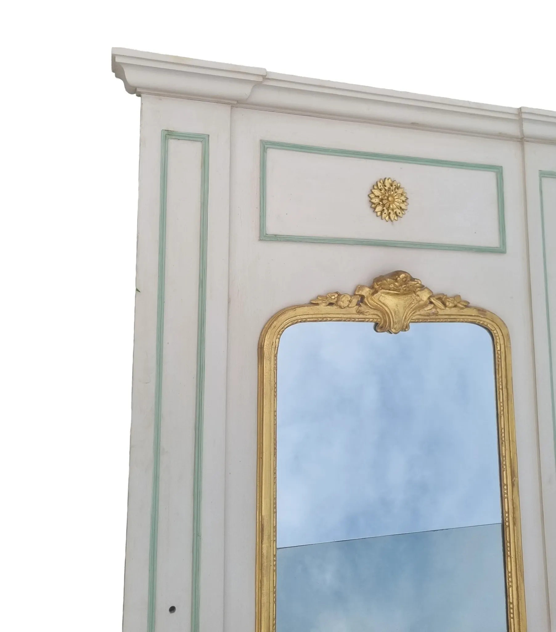 Large French mirror in architectural panel with gilt frame