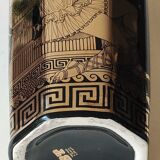 Ancient Greek octagonal vase, tubular porcelain shape. Decoration scenes of life / Gods mythology Greek. Signed ST Handmade in Greece. High 26 cm