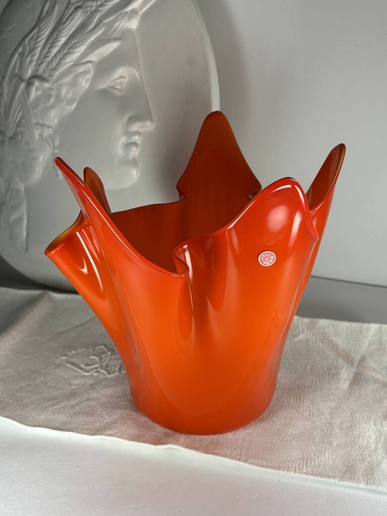 Murano orange handkerchief vase large 1970 Italy