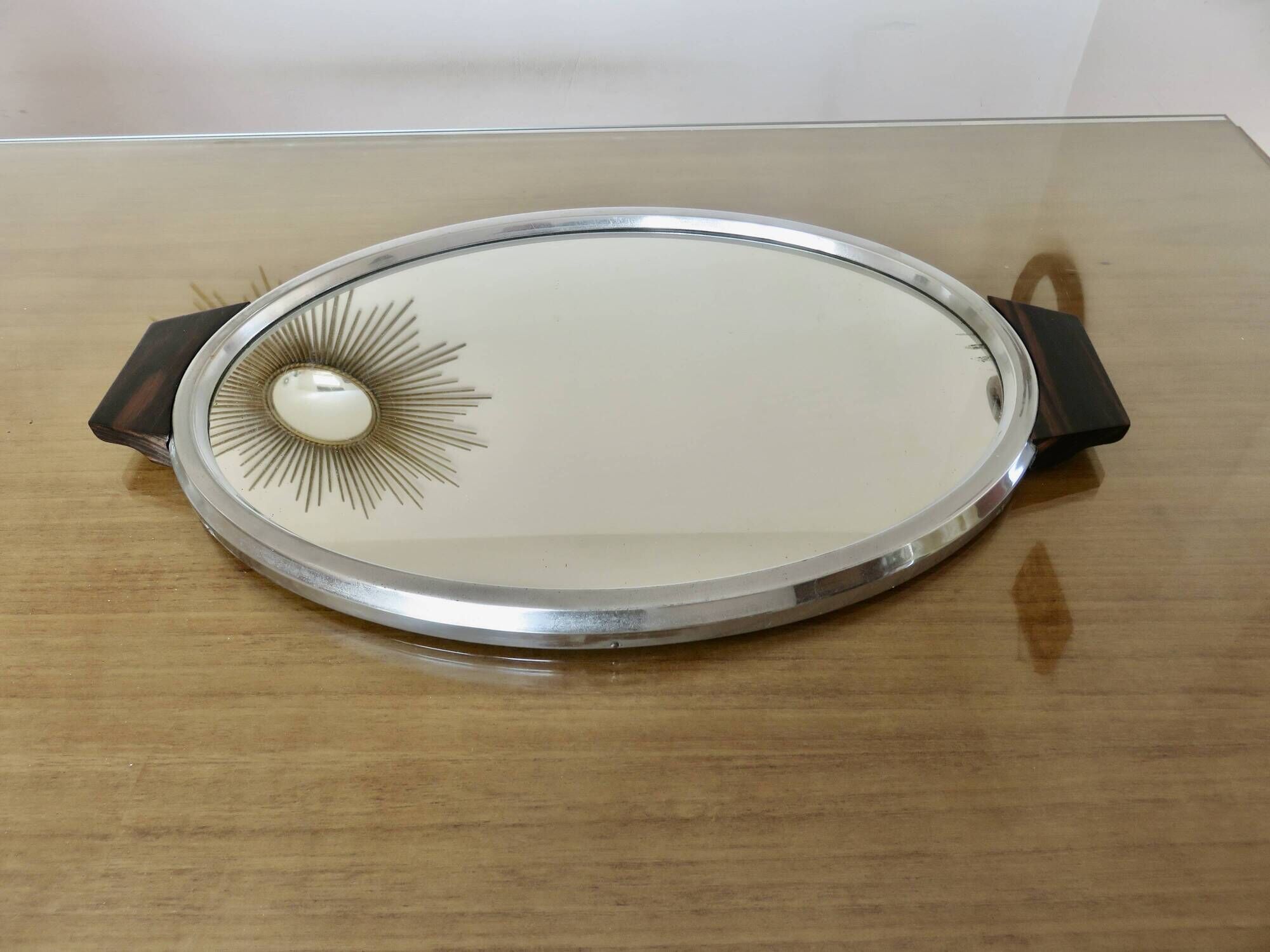 Oval mirror plateau, chrome brass and rosewood, Art Deco, 1920s 30s