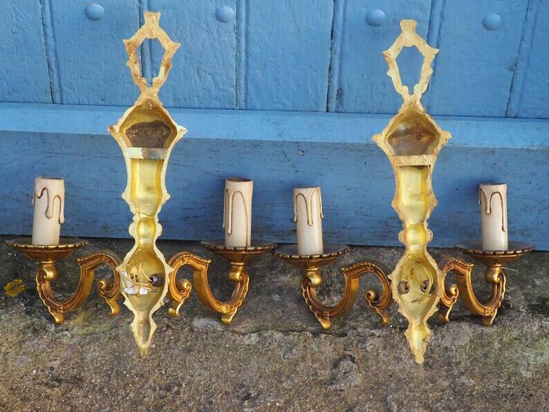 French Bronze Wall Sconces: Pair of 2-Branch Lights, C1950s
