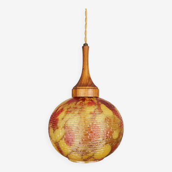 Portuguese mid century amber spatter glass hanging globe lamp 1960s