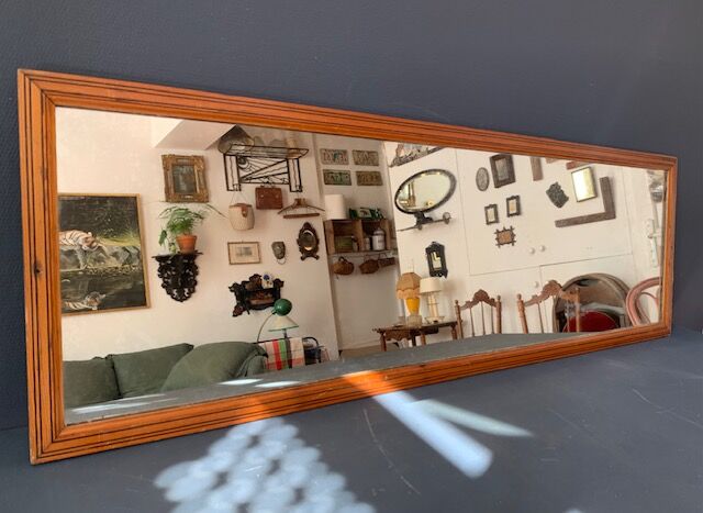 Large rectangular antique wall mirror in vintage wood, 1930