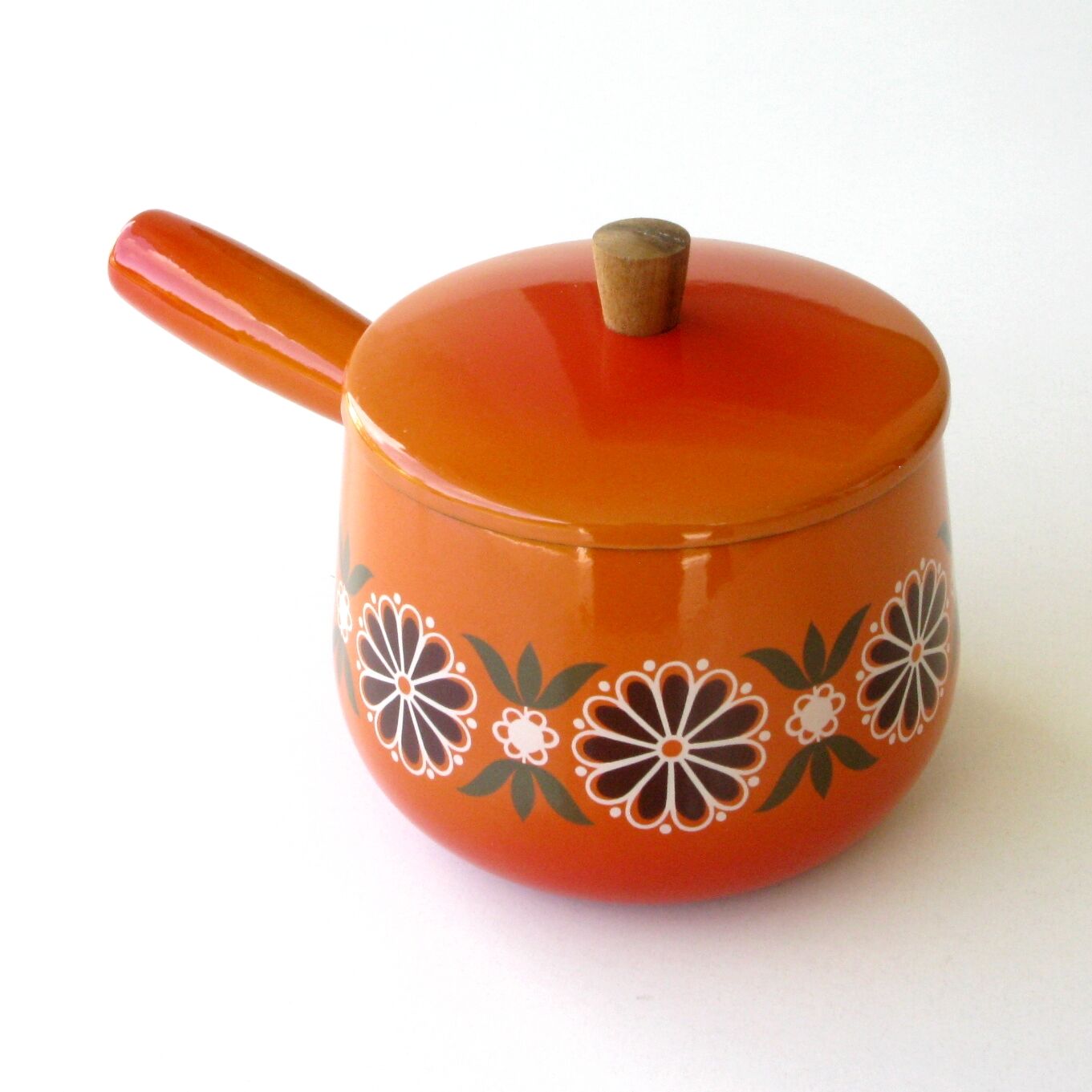 Caquelon poêlon fondue bourguignonne en tôle émaillée aubecq vintage orange