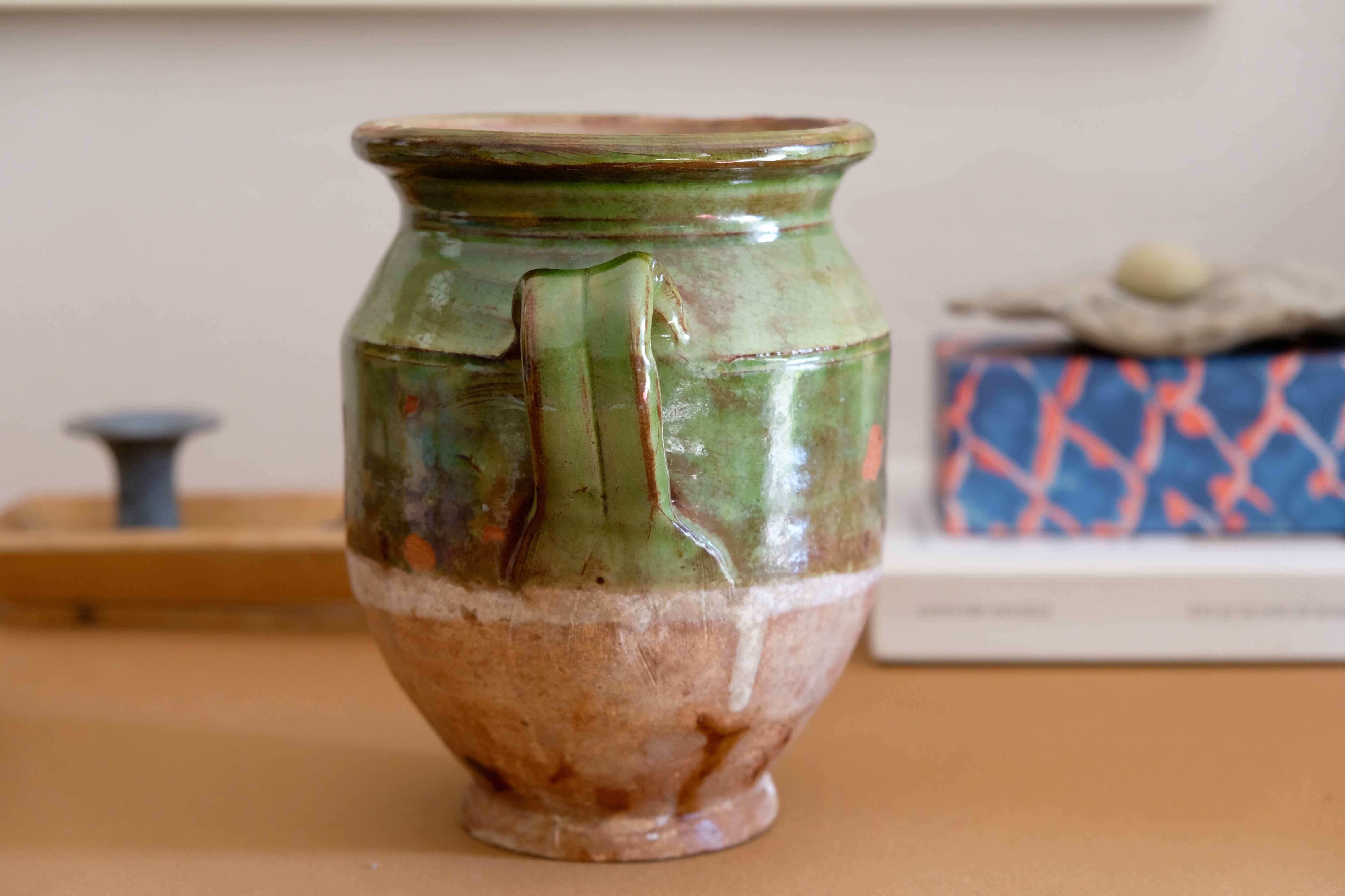 Terra cotta glazed Provencal old enameled antique olive jar
