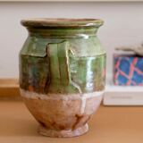 Terra cotta glazed Provencal old enameled antique olive jar