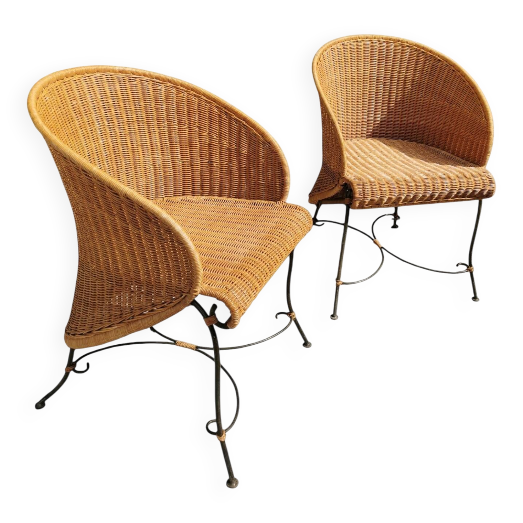 2 fauteuils en rotin et fer forgé