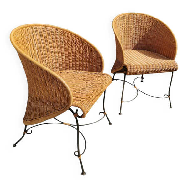 2 fauteuils en rotin et fer forgé