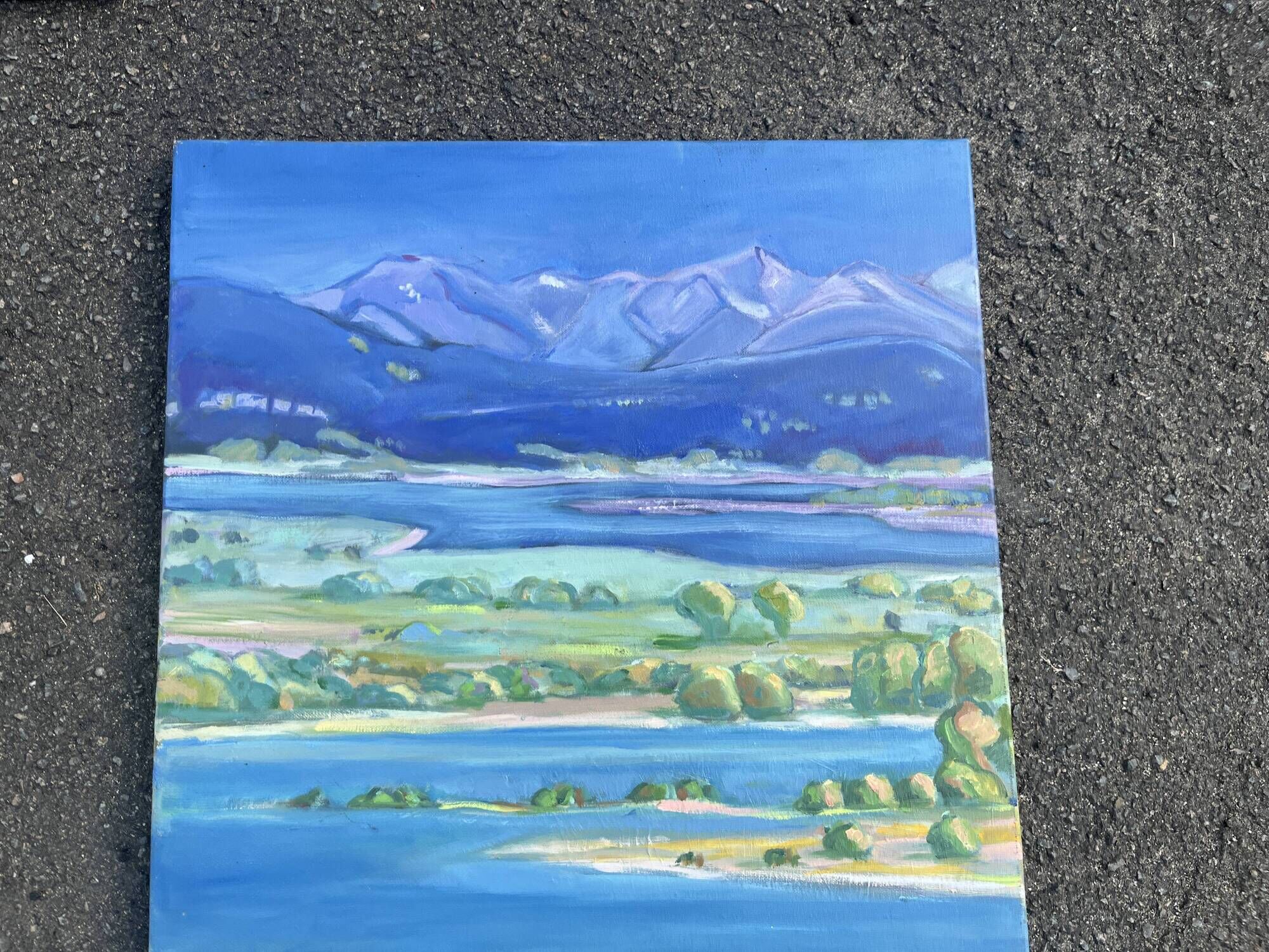 Mountain and lake landscape tableau – Canvas painting signed Tuller 2012