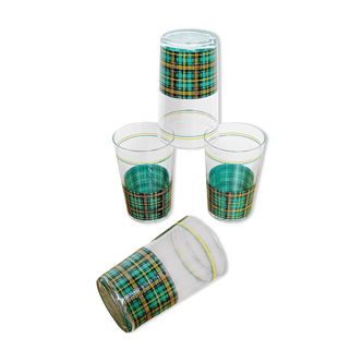 Set of 4 water glasses, gingham décor, green Scottish tiles