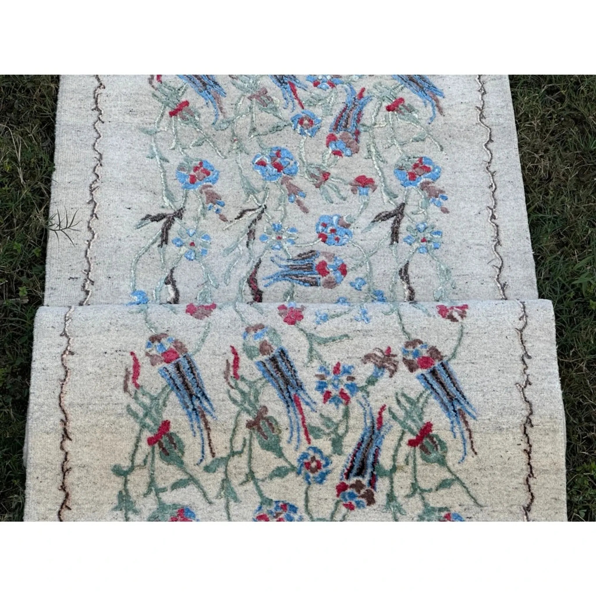 Hand-Knotted Silk Runner Rug for Hallway, Ivory Floral Vine Design Rug for Kitchen