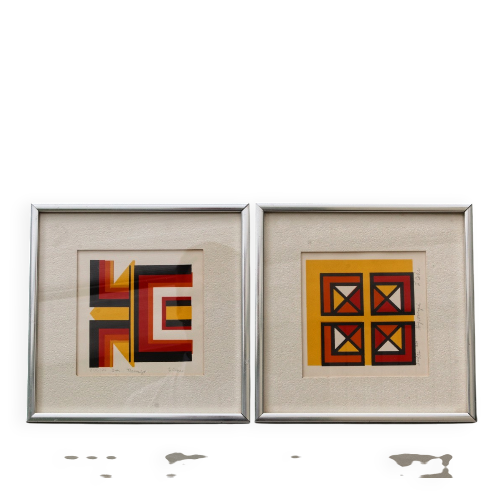 Set of two abstract screen prints, signed L Cohe.