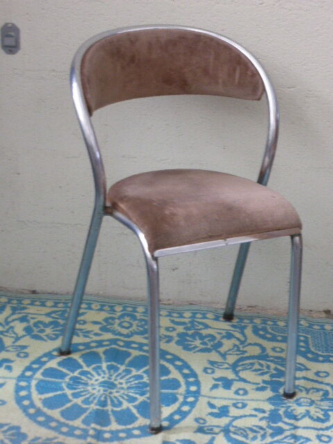 Chair in beige velvet and chrome, curved shape, vintage 1950