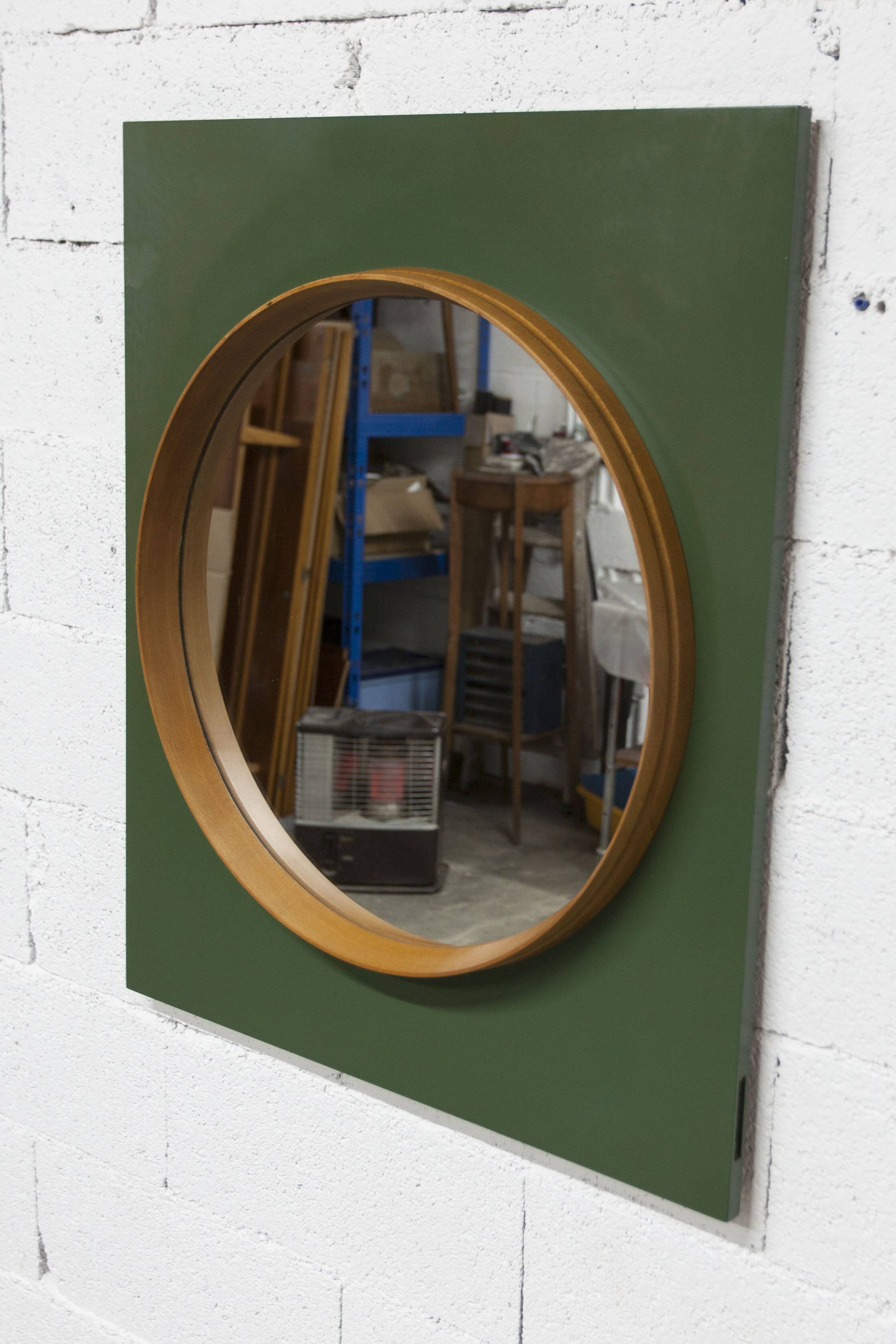 Unusual round wall mirror 60 cm teak edge on green rectangular board 1960.