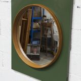 Unusual round wall mirror 60 cm teak edge on green rectangular board 1960.