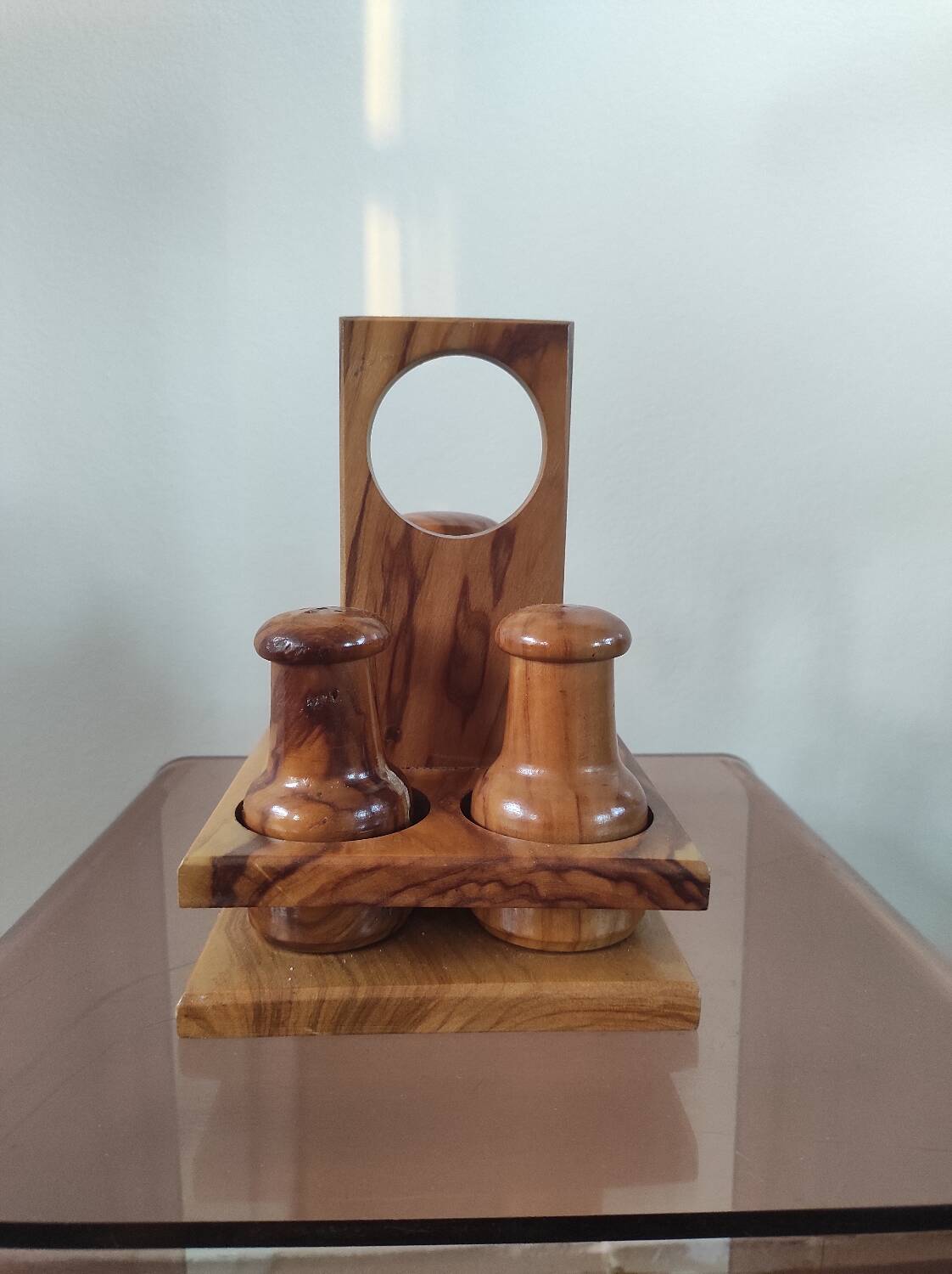 Vintage olive wood condiment service