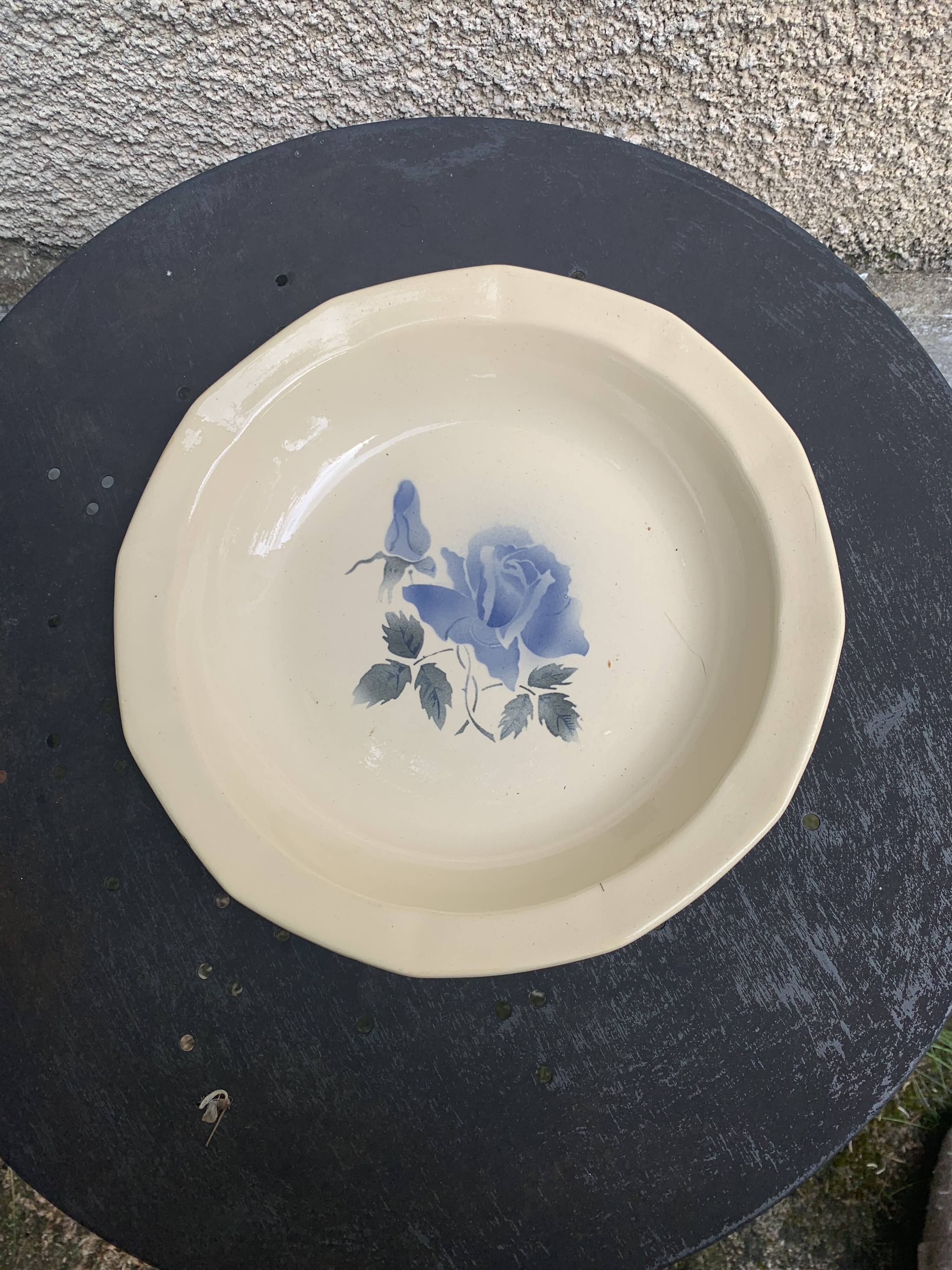 Hollow dish with blue rose motif, octagonal, vintage Digoin