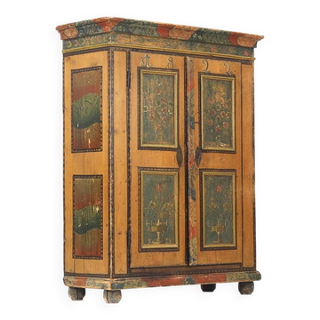 Antique Rustic Farmhouse Folk Art Painted Bridal Cabinet 1822