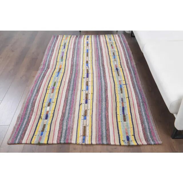 Vintage Turkish Oushak Handmade Wool Cotton Beige Kilim Area Rug 129x210