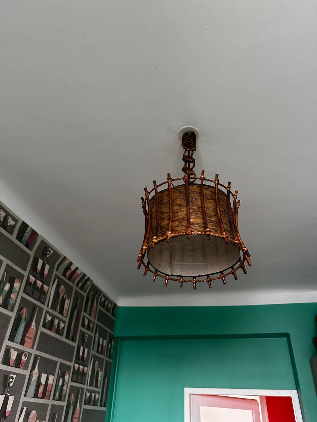 Rattan and paper hanging lamp