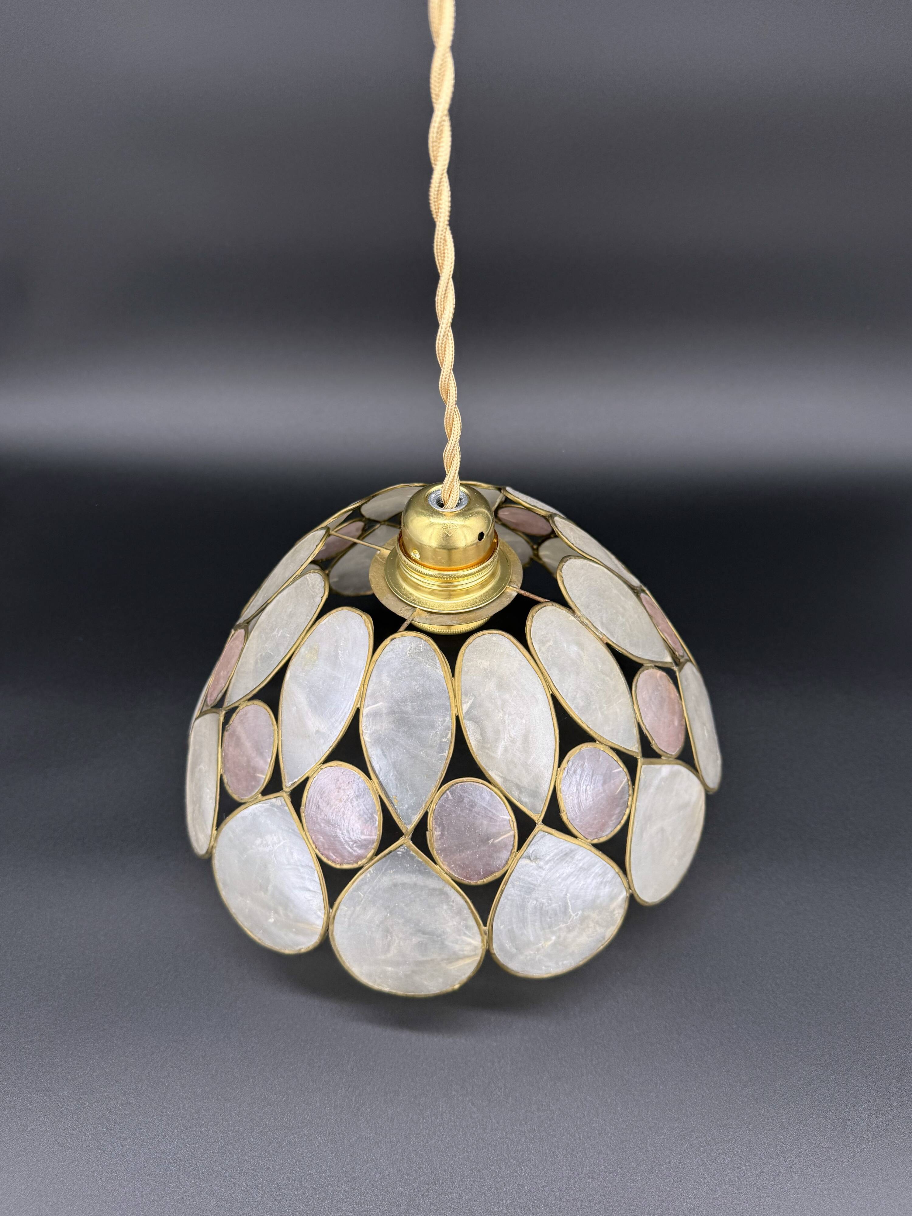 Vintage pink & white capiz petal pendant light – gold-plated brass