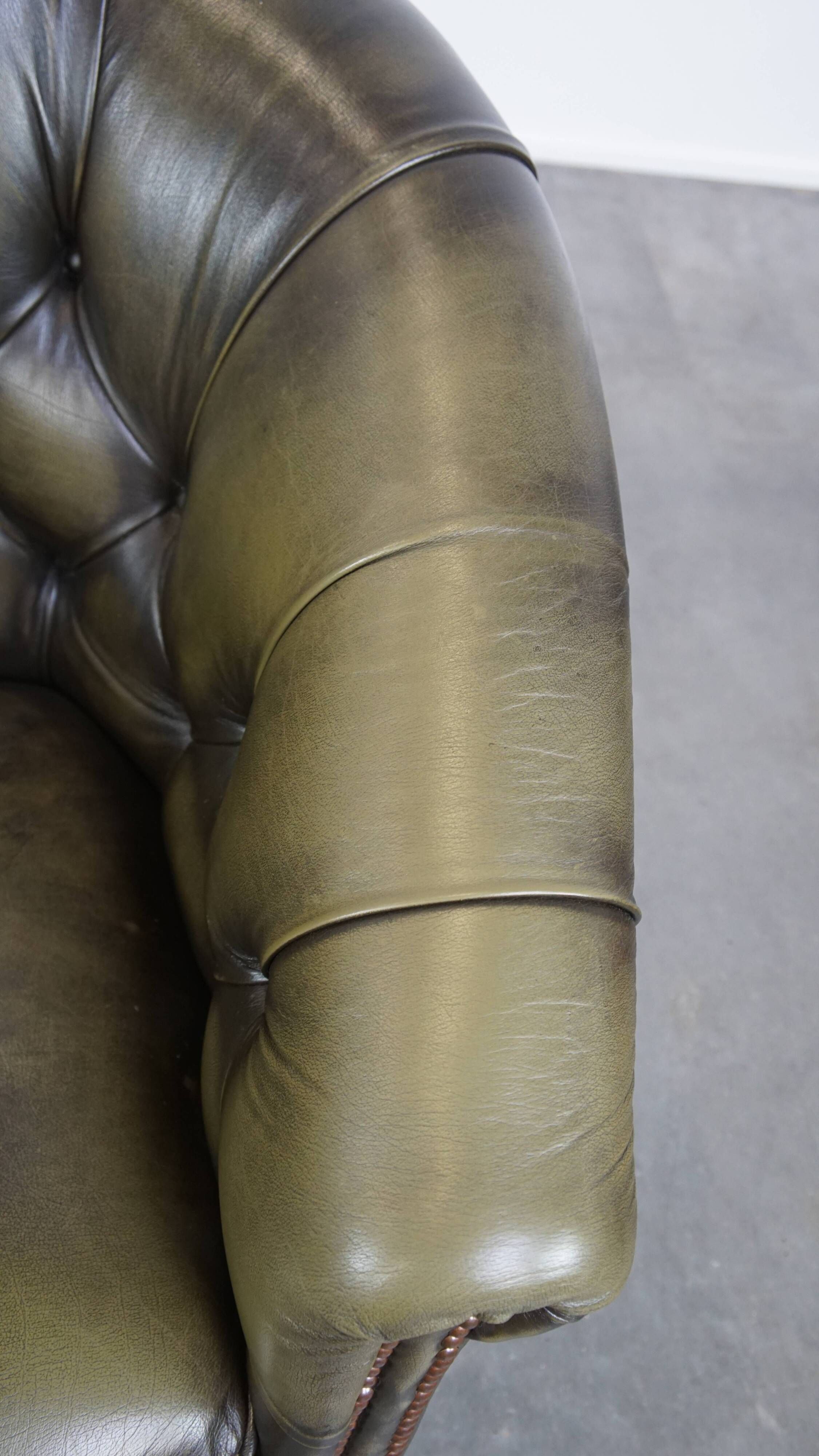 English Chesterfield club chair in olive green cowhide leather