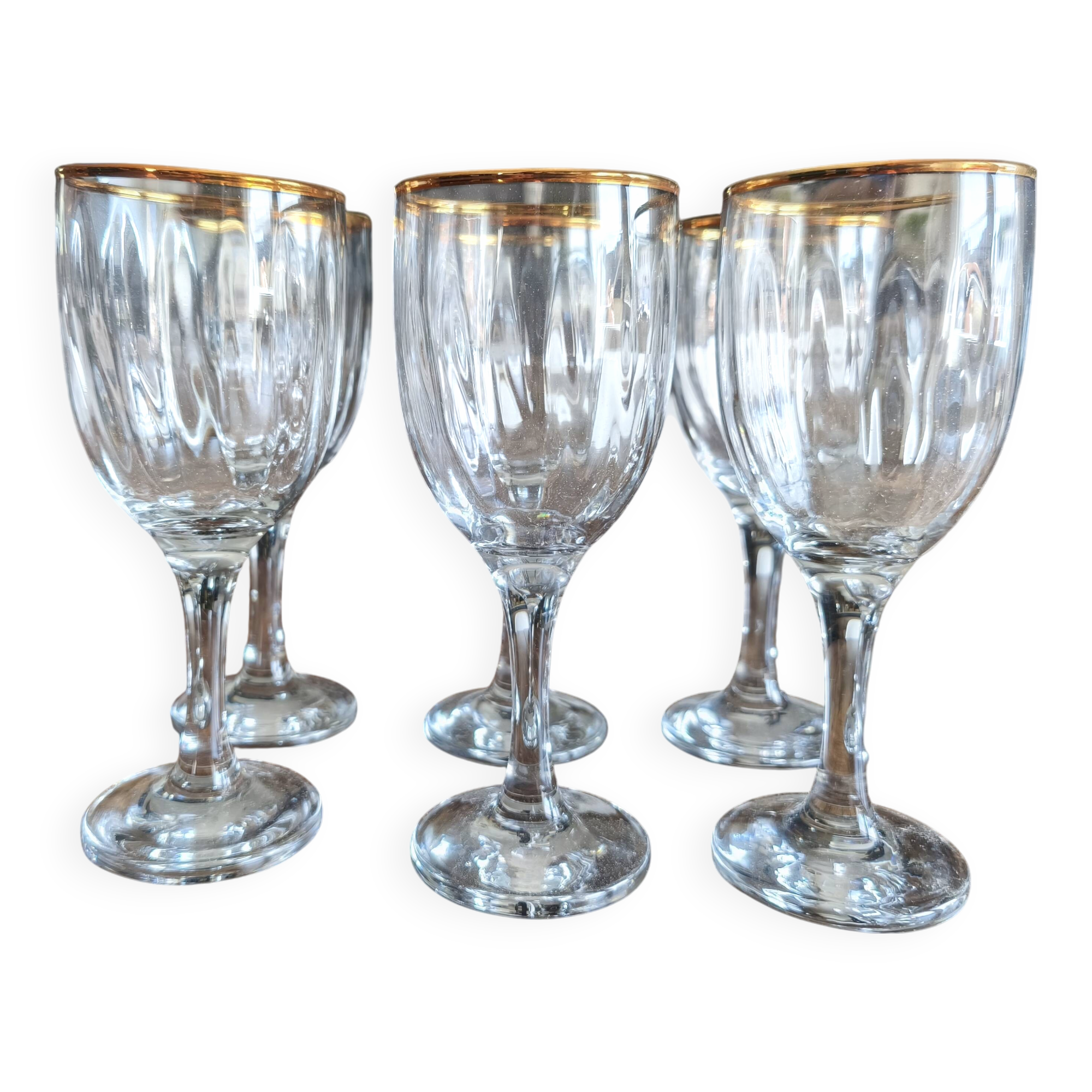 Set of 6 vintage white wine glasses with scrolled rim and gold rim