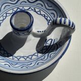 Petit bougeoir à main fait main blanc à motif de frise géométrique bleue H7