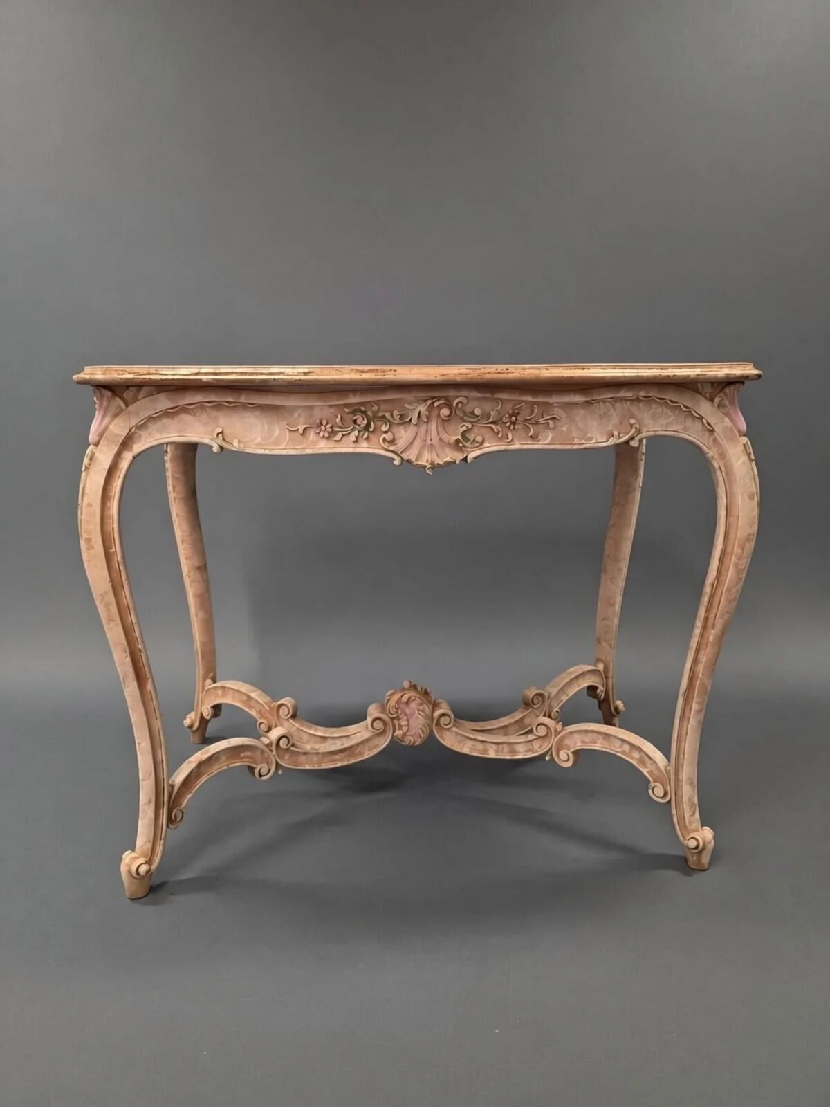 Vintage French provincial painted table | Shabby chic floral console table | Ornate rococo vanity desk with hand-painted roses
