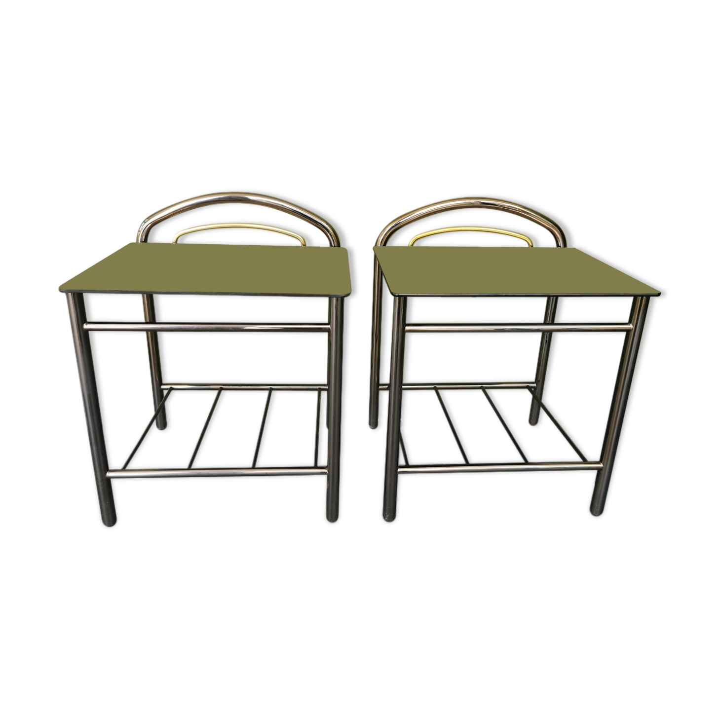 Vintage metal bedside table pair and smoky mirror