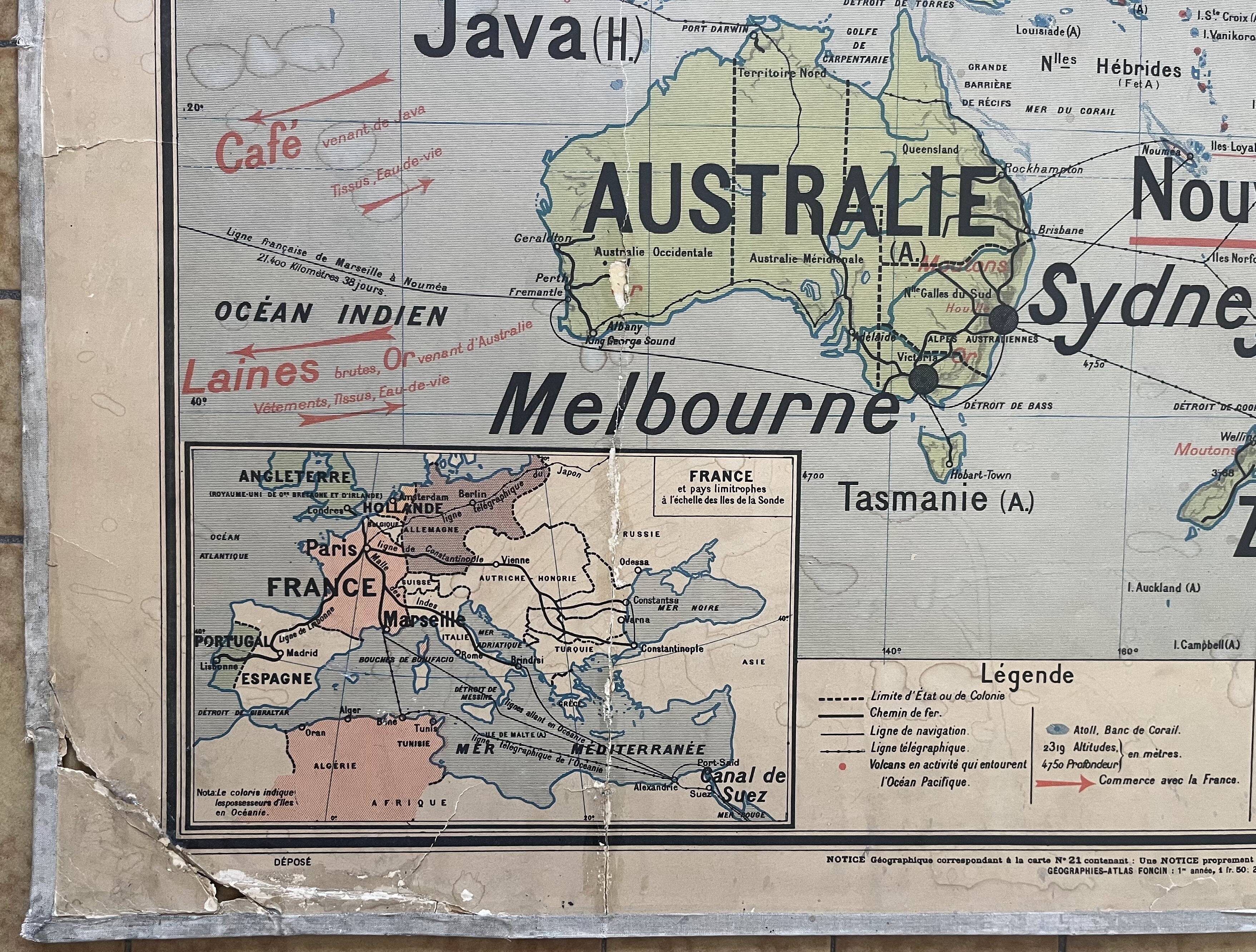 Old school map Vidal-Lablache 21, Mézières T15, 1900 Oceania