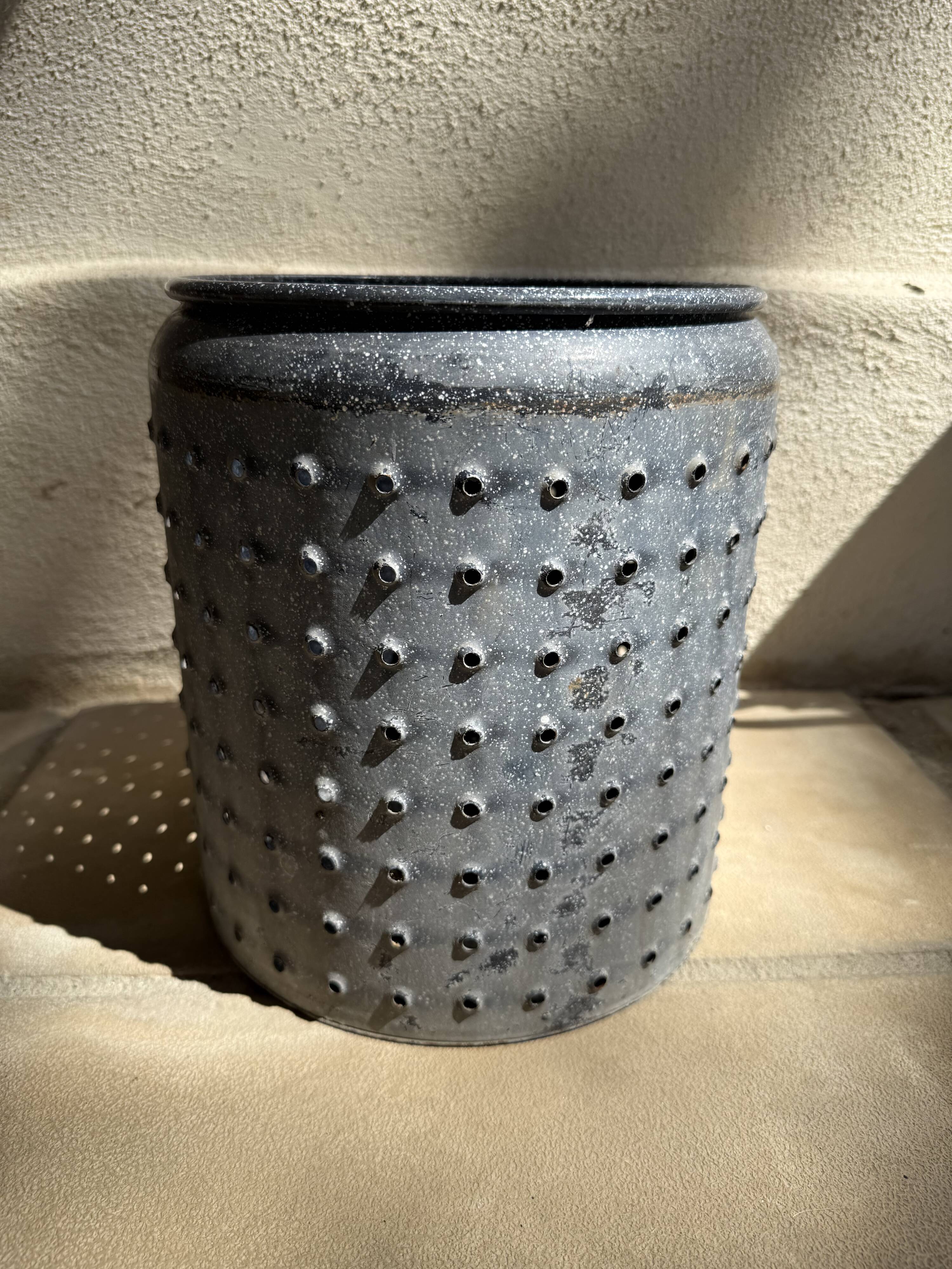 Vintage perforated enamelled sheet metal planter, 50s design