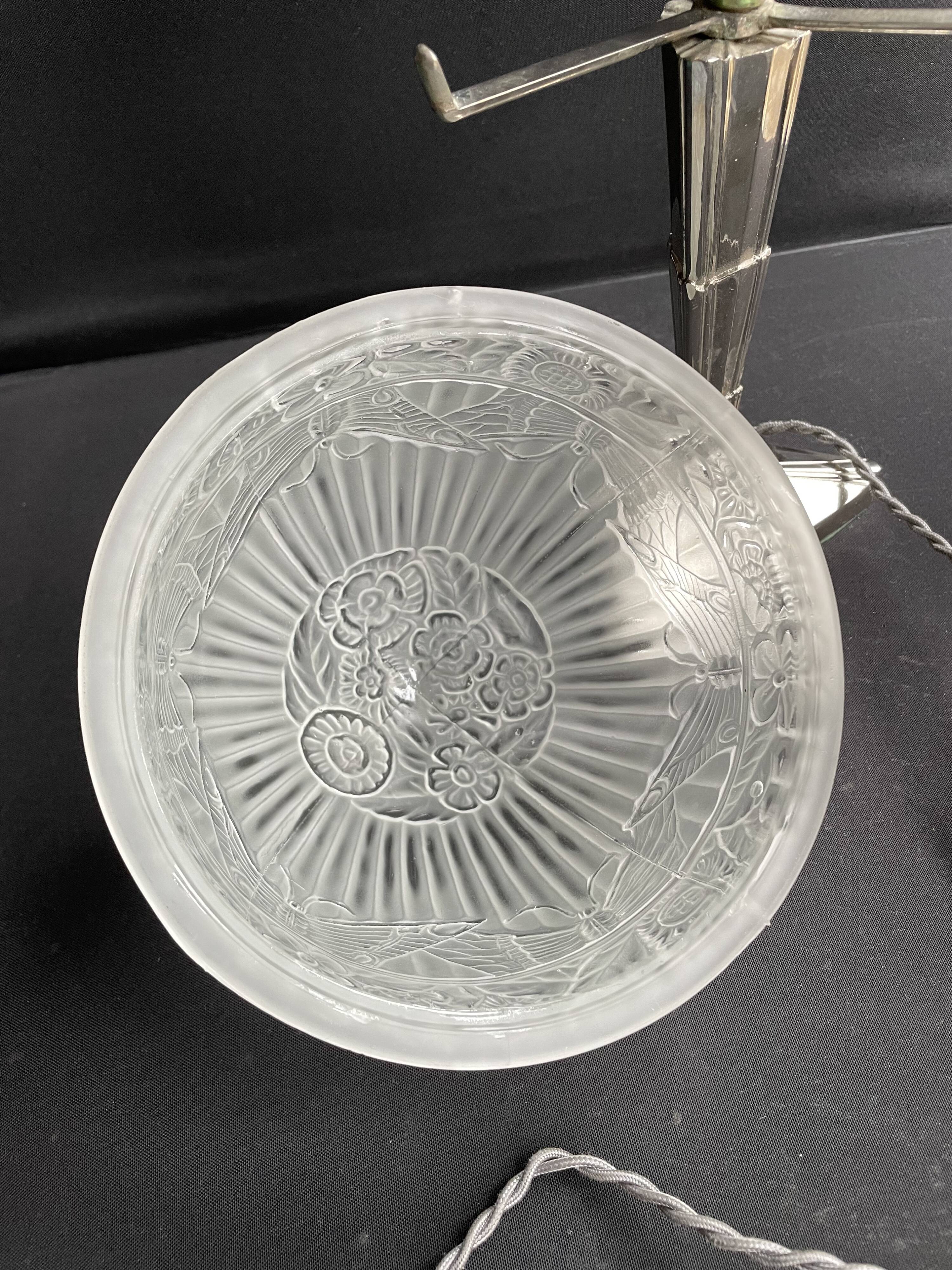 Art Deco table lamp – Chromed metal and molded pressed glass – Attributed to Création Tief