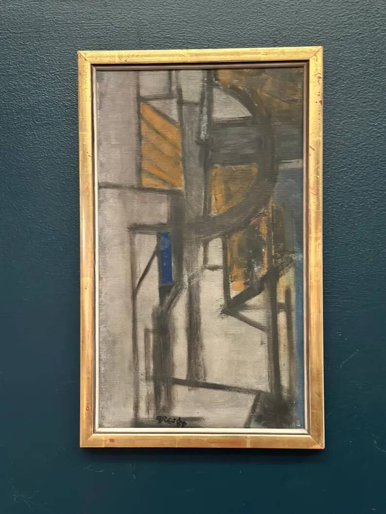 Original Danish Oil on Canvas – “Gul Figurkomposition” by P. Primdahl – Signed – Dated 1958 – Vintage & Framed – 43 × 27 cm (16.9" × 10.6")