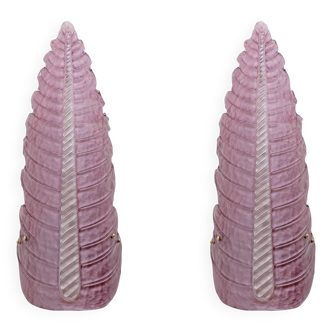 Pair of Mid-Century Modern Murano Glass Amethyst Pink Big Leafs Sconces