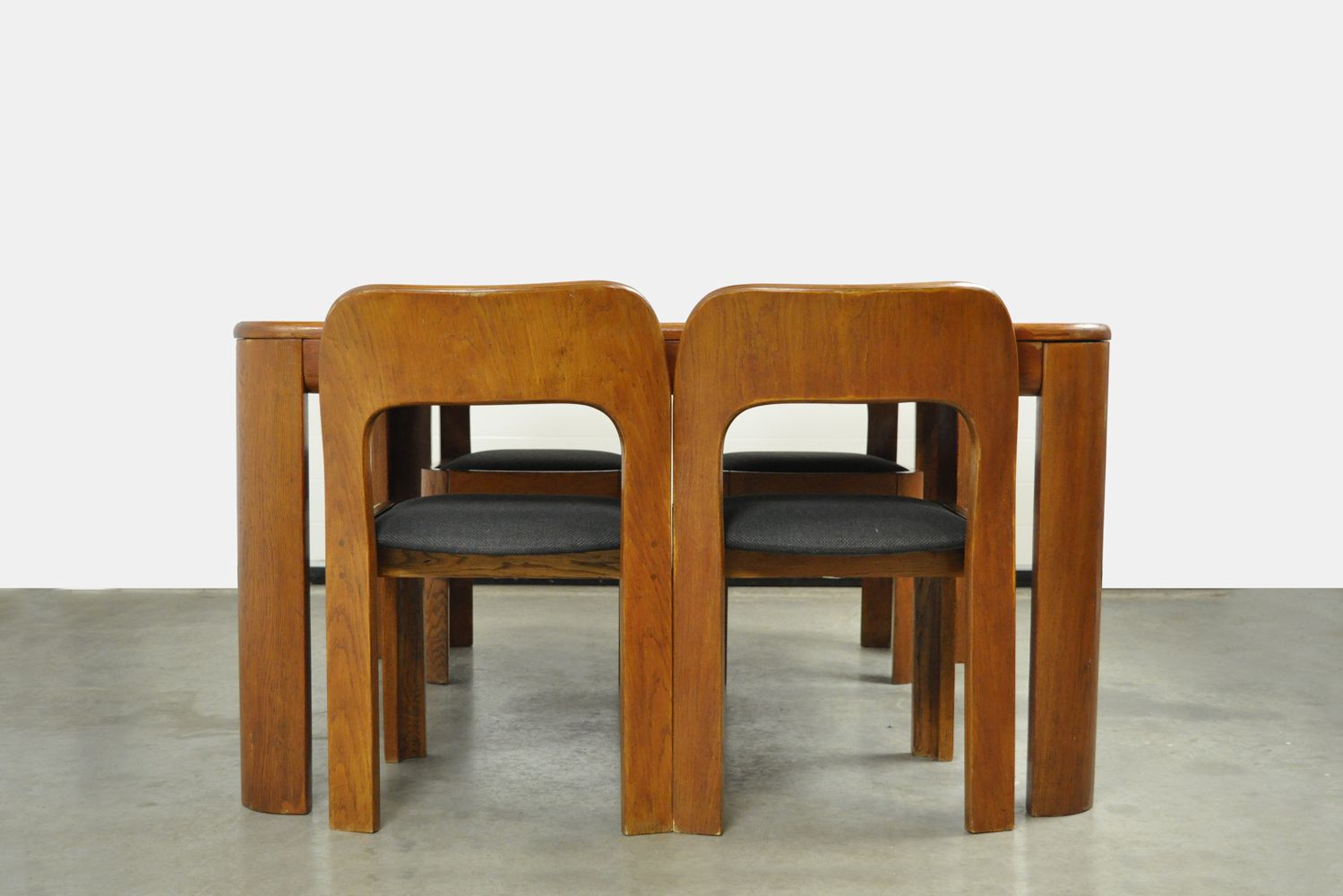 Vintage dining table set with plywood chairs and wooden table with slate inlay, 70s