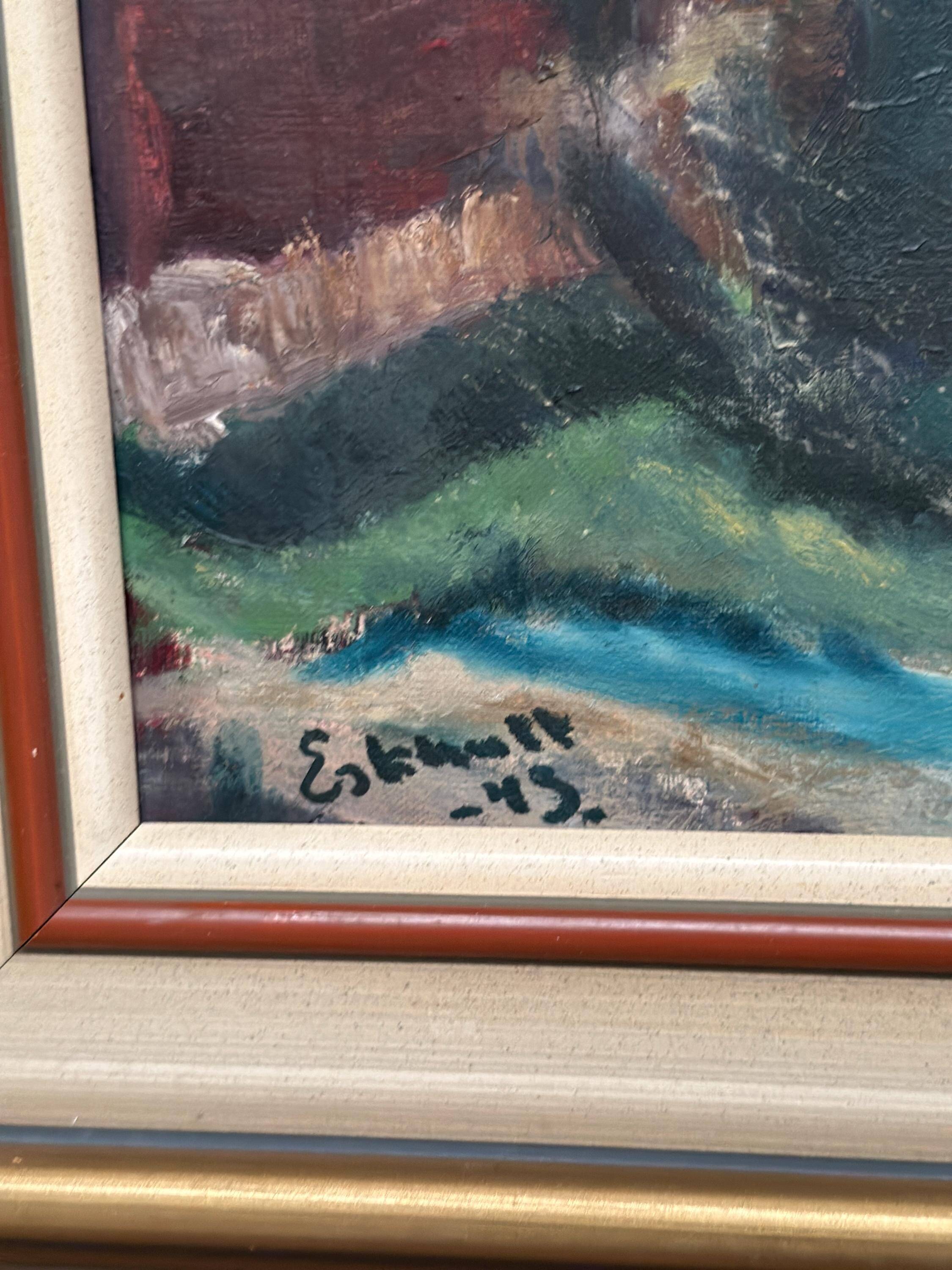 Original Mid Century Swedish Oil On Canvas – “Suburbia” By Erik Hult