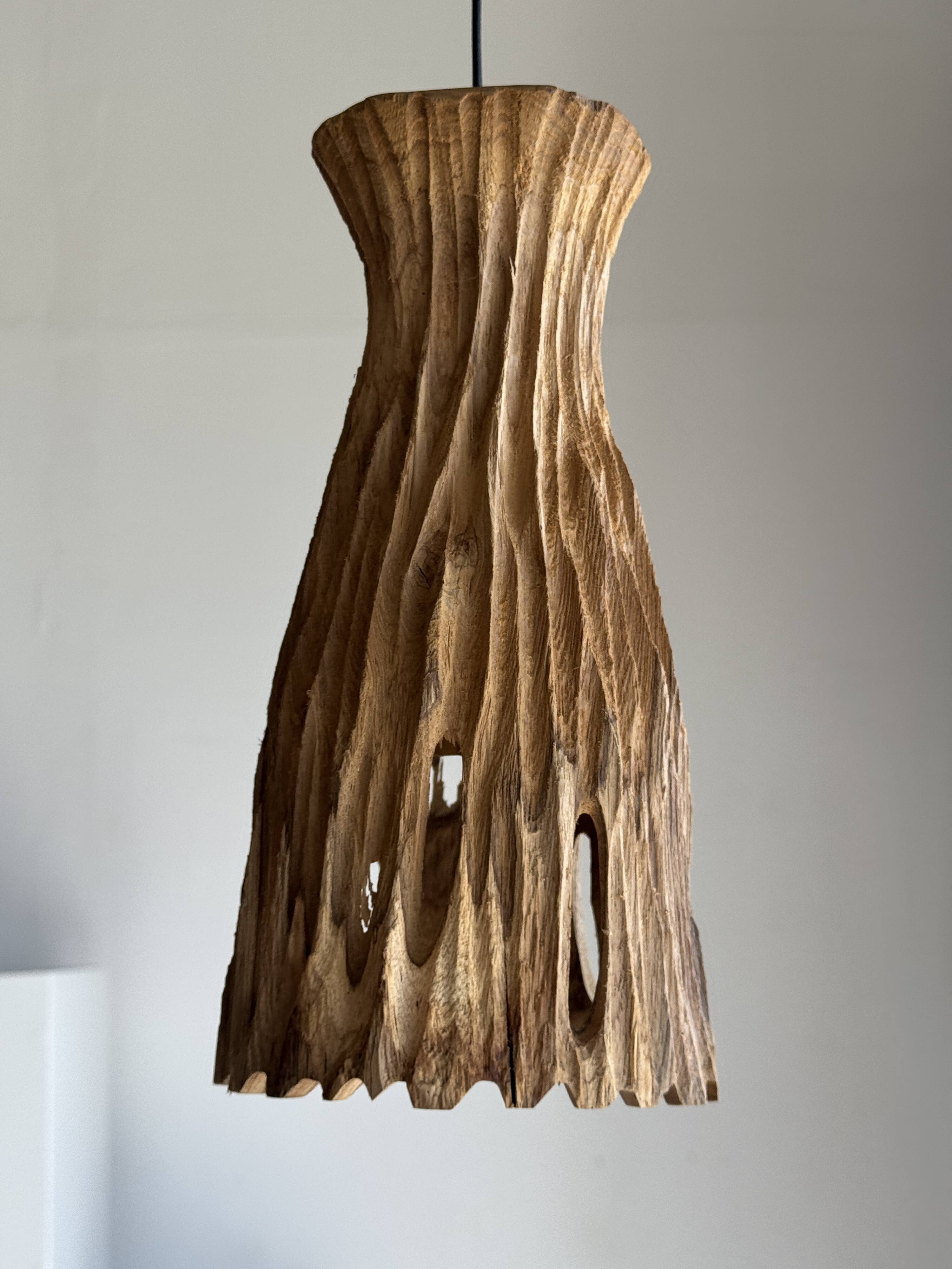 Suspension or lampshade in natural organic teak, tubular, H30 D22.