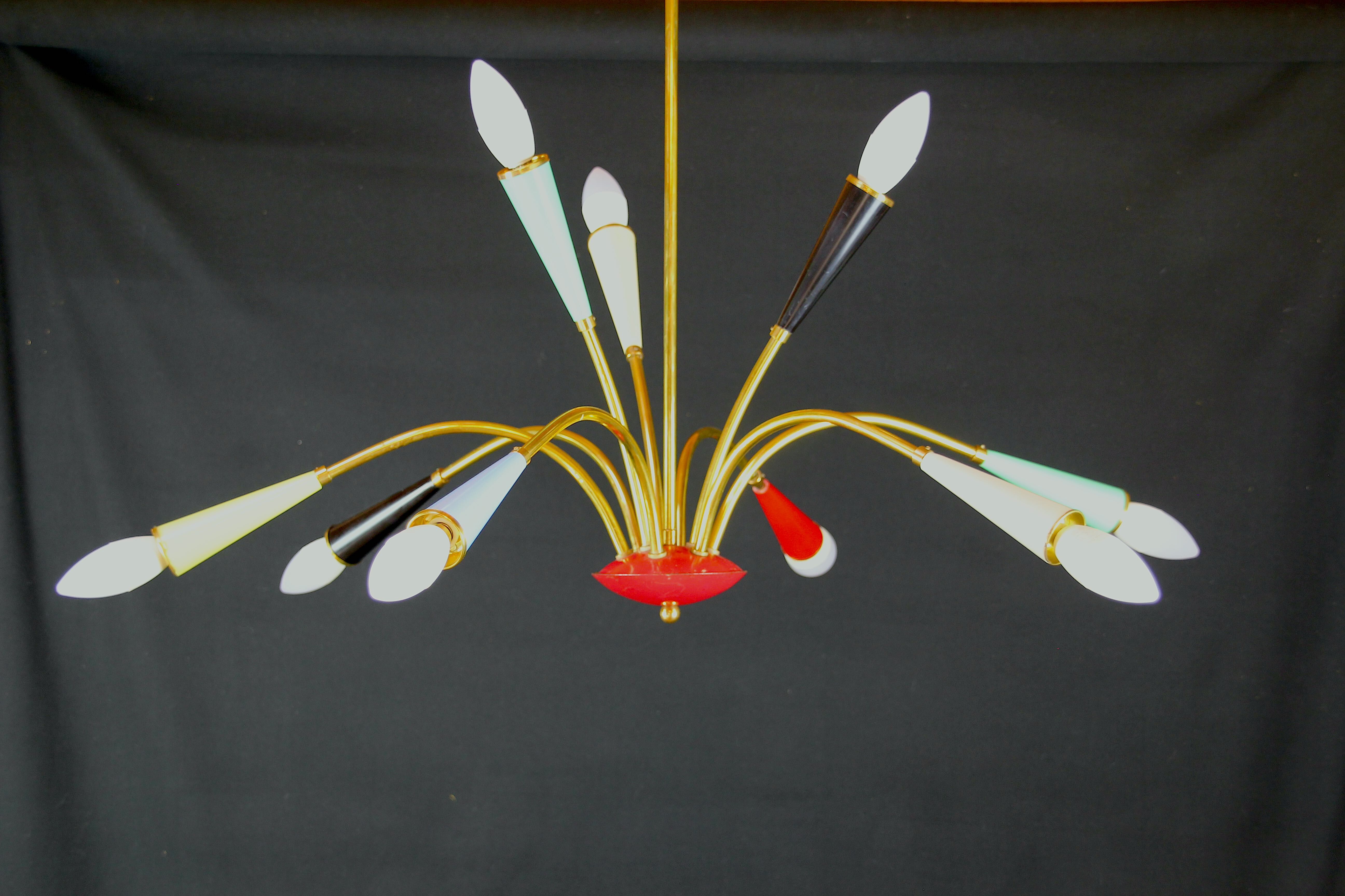 Colorful brass chandelier branch mid-century space age