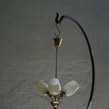 Paavo Tynell for Idman OY, 3-arm chandelier in brass and glass, mid-century, 1940s.