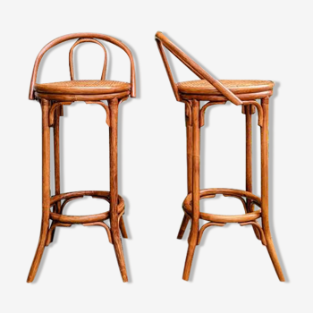 2 chaises hautes de bar rotin et cannage