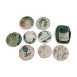 Set of 9 dishes and majolica asparagus plates from different manufactures