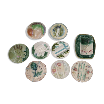 Set of 9 dishes and majolica asparagus plates from different manufactures