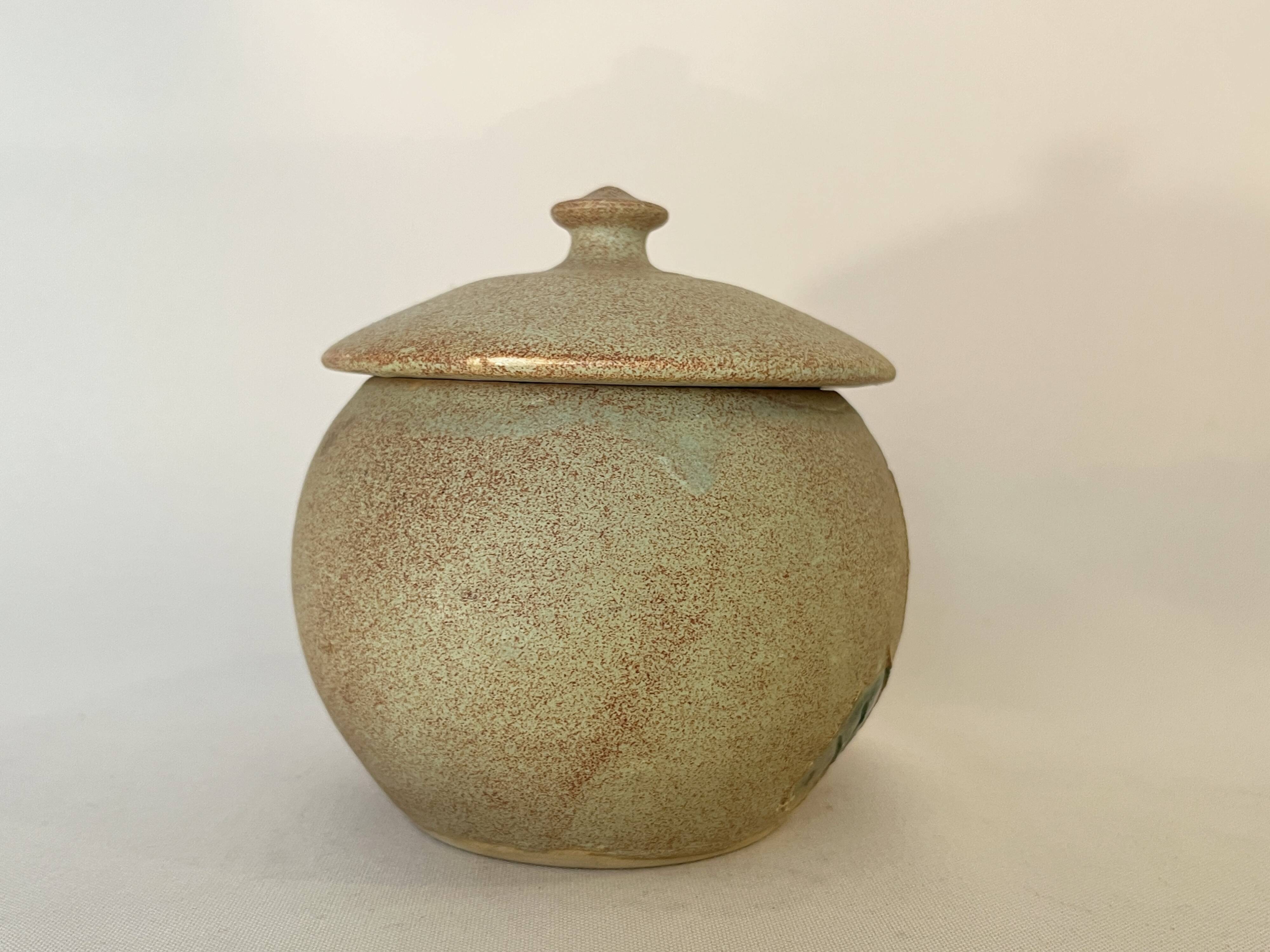 Beige ceramic candy box with orange flowers, vintage 1970s sugar bowl