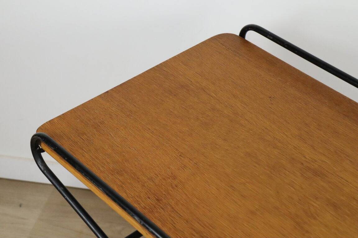 Vintage side coffee table in black lacquered metal and oak, 1950