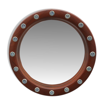 Round wooden mirror with turquoise ceramic studs by Deknudt, Belgium, 1960s