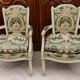 Pair of large Louis XVI armchairs in water green and cream wood.